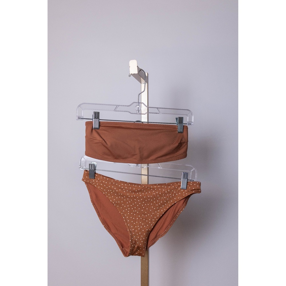 H&M Women's Bandeau Bikini Set Brown Polka Dot Stretch Swimwear US 6